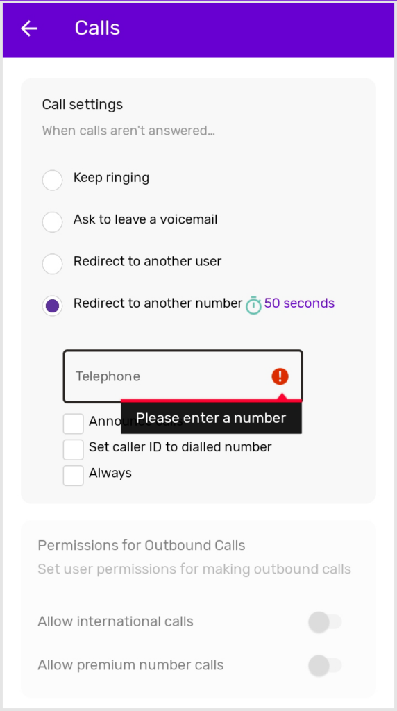 Screenshot display of the call settings page on mobile versions of PhoneLine+ - redirect to an external number.